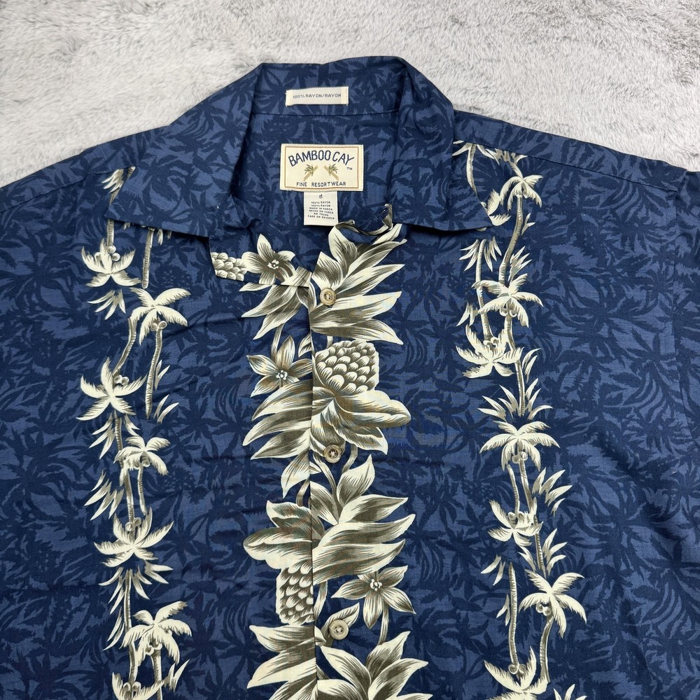 Bamboo Cay Shirt Mens Small Blue Hawaiian Rayon Floral Palm Tree Aloha Tropical - Picture 2 of 6